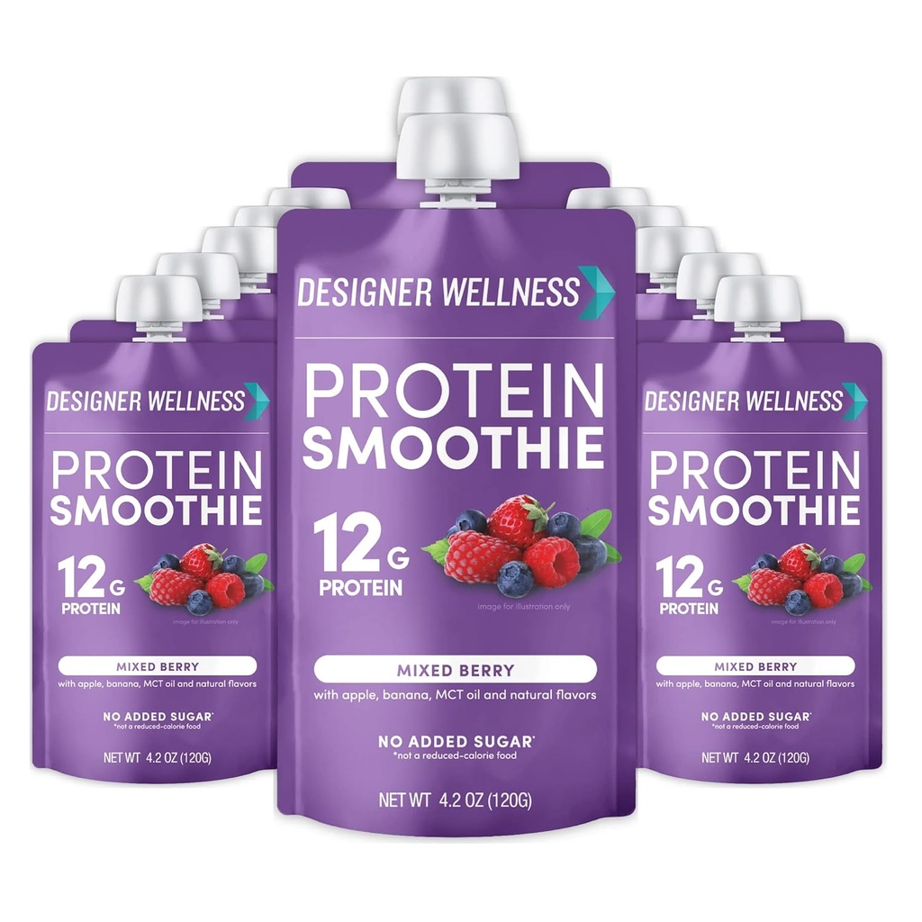 Designer Wellness Protein Smoothie, Real Fruit, 12g Protéines, Faible Carb, Zéro Sucre ajouté, Sans gluten, Non-OGM, Pas de colorants ou de saveurs artificiels, Berry mélangé, 12 Compte