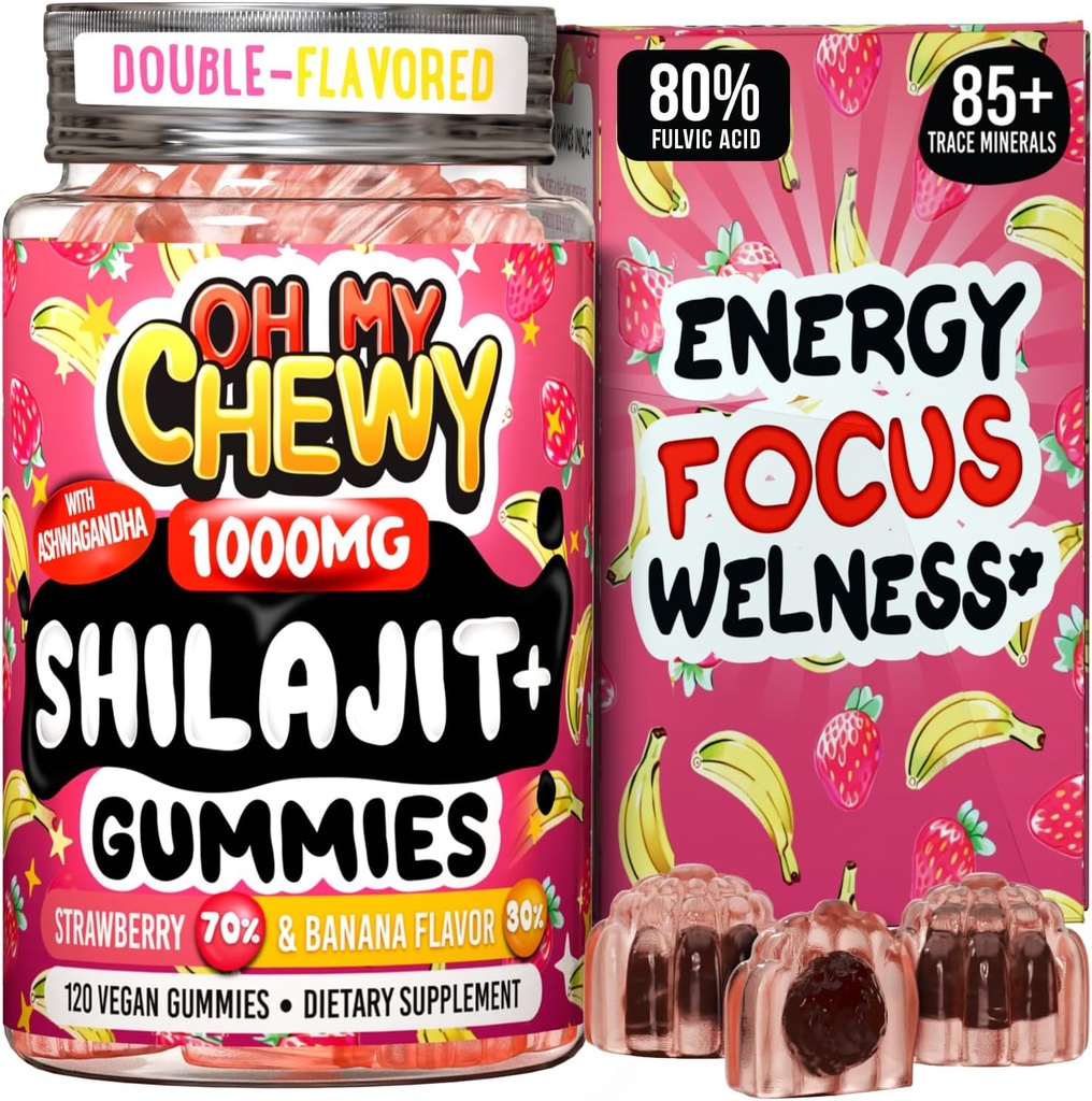 Pure Himalayan Shilajit Gummies - Haute puissance Gold Grade Resin - Energy Boost et Immune Support pour les hommes et les femmes avec Ashwagandha et Shatavari - 120 Gummy - Strawberry & Banana