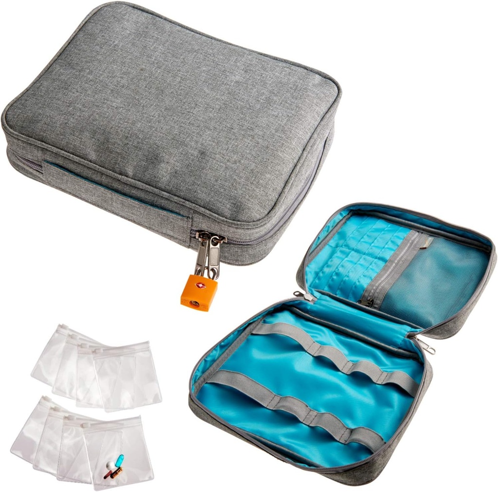 Smooth Trip Medicine Storage Bag and Medicament Bouteille Organizer - Sac de voyage médical résistant aux chocs avec des poches de pilules réutilisables de qualité alimentaire - Slim Design S'adapte dans les sacs à main, les sacs à dos et les sacs à dos