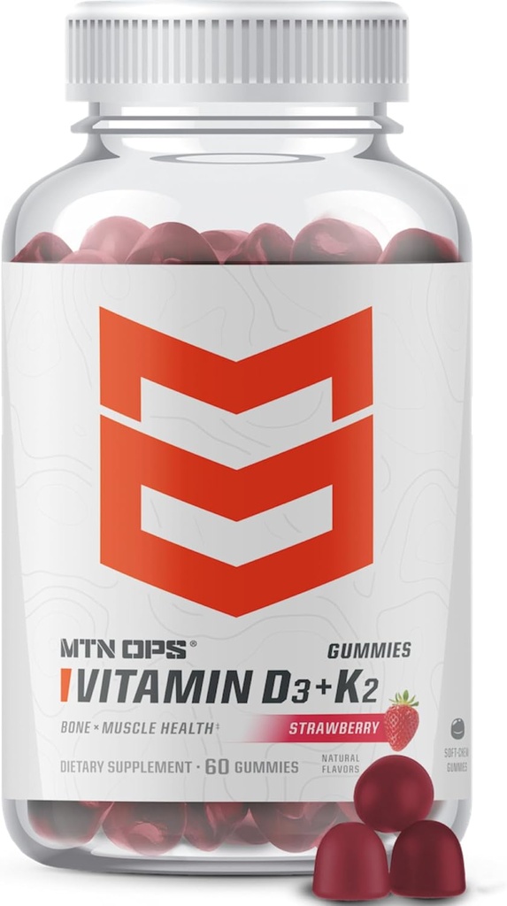 MTN OPS Vitamine D3 K2 Gummies, 5000 UI Vitamine D3 et Vitamine K2 MK7, naturellement sans gluten avec saveur de fraise naturelle, 60 Gummies molles, 60 portions par contenant