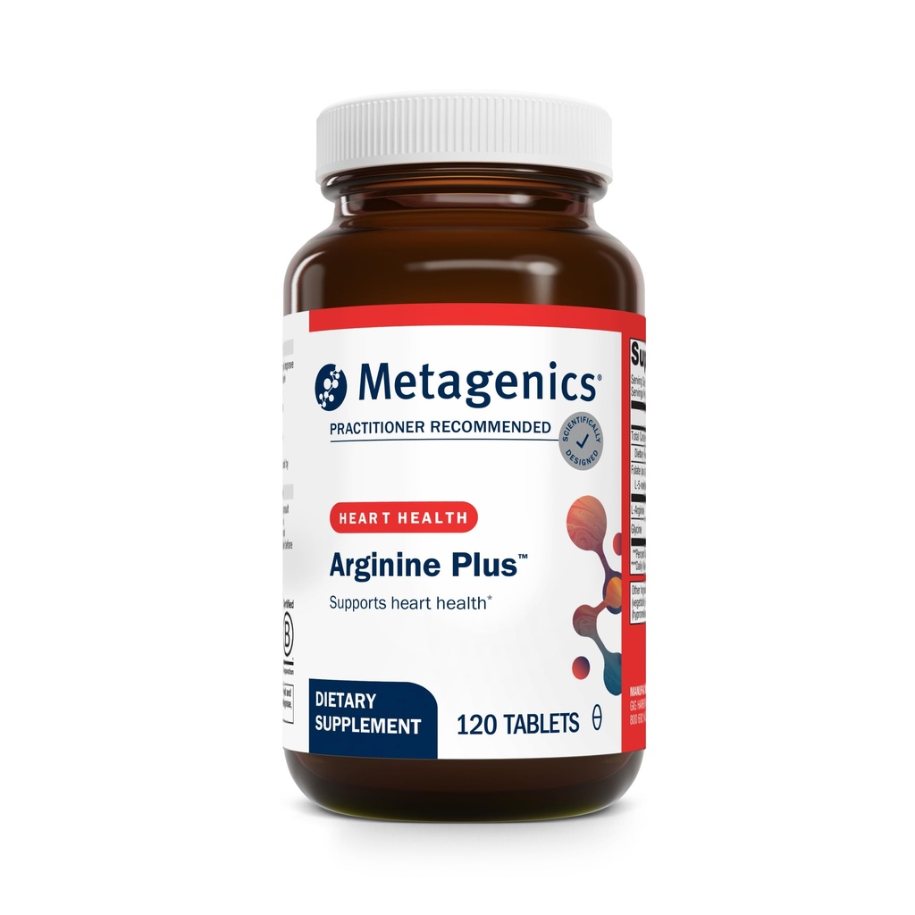 Métagène Arginine Plus - 1,5 g L‐Arginine au folate de méthyle (L‐5‐MTHF) - Soutient un flux sanguin sain, la circulation et la santé cardiaque - Non-OGM, sans gluten, végétarien - 120 comprimés