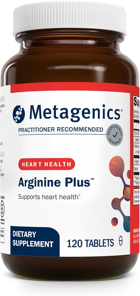 Métagène Arginine Plus - 1,5 g L-Arginine - Soutienne le flux sanguin et la santé cardiaque* - 665 mcg DFE Folate (sous forme de L-5-méthyltétrahydrofolate) - Non-OGM, végétalien et sans gluten - 120 Compte