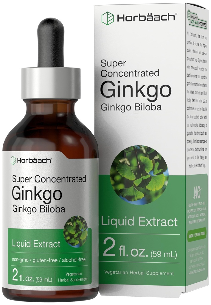 Horbäach Ginkgo Biloba Extract Liquide 2 fl oz) Supplément sans alcool aux herbes Végétarien, non-OGM, sans gluten