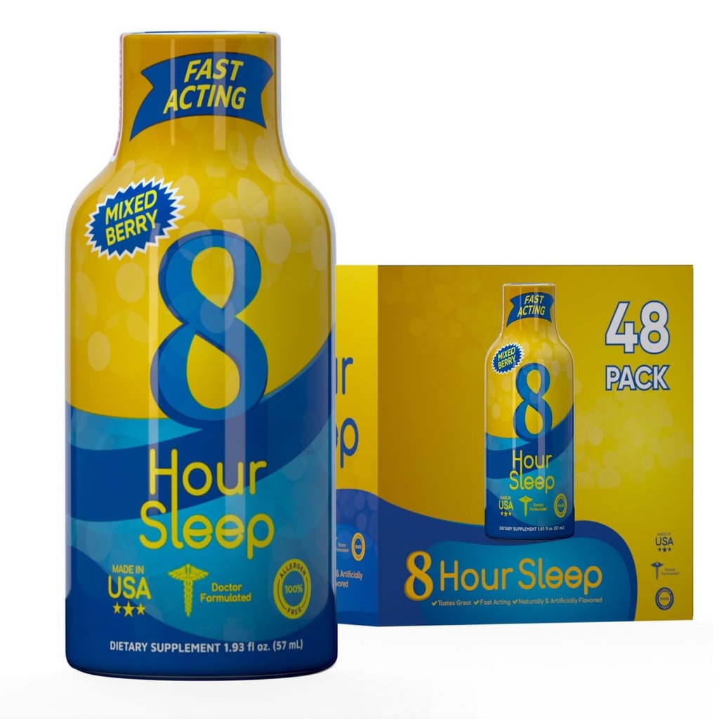 Vitamine Energy 8 heures Shot Sleep Shot Mixte Berry 48 Pack, Mélatonine, 5-HTP, GABA, Valérien, Lavande, Aide au sommeil, Repos profond et détente, Zéro sucre, Sans gluten, Vegan, Kosher, 1.93 fl oz