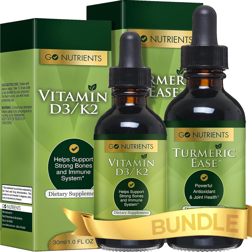 Go Nutrients Vitamine liquide D3 avec K2 (MK-7) gouttes et de l'Easy curcumin en bonne santé et facile à prendre Extrait de curcuma liquide avec poivre noir et gingembre, Curcumine curcumine curcumine