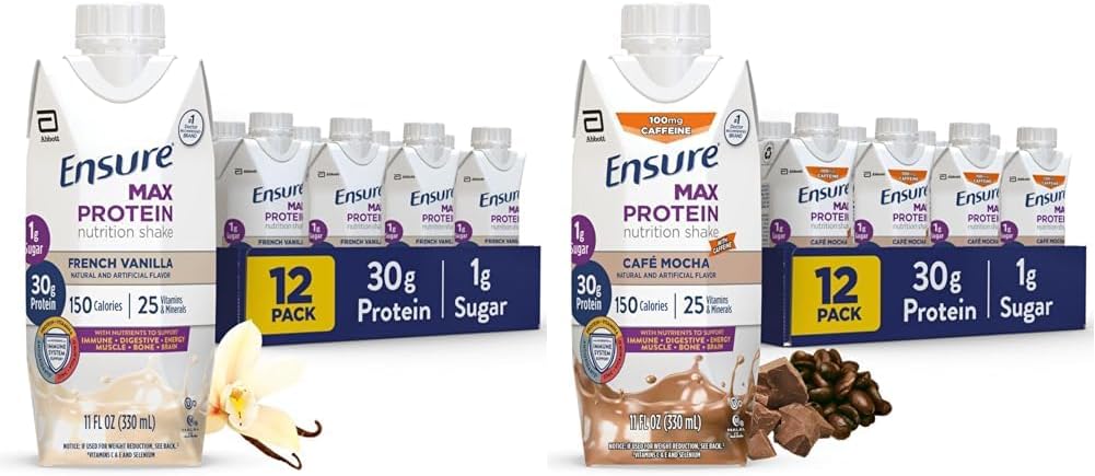 S'assurer que Max Protein Nutrition agiter avec 30g de protéines, 1g de sucre, haute protéinage agiter, Vanille française & Café Mocha, liquide, 11 fl oz (paquet de 12)
