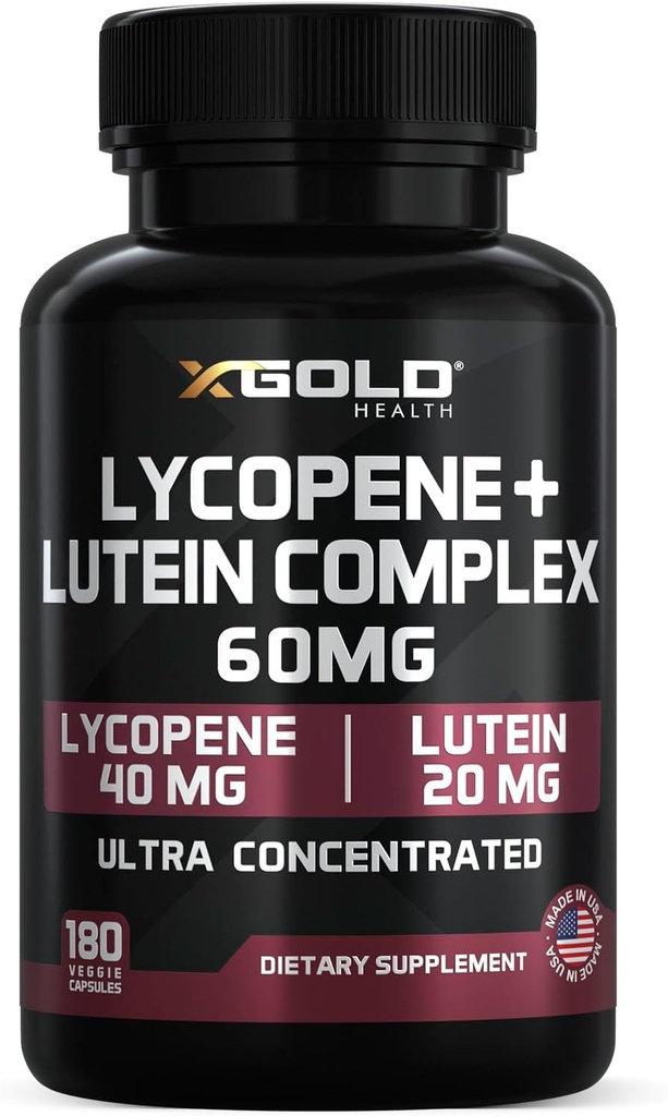 Lycopène + Lutéine Supplément de 60mg (en anglais seulement) Santé des yeux et soutien de la vision (en anglais seulement) Antioxydant pour les yeux et la peau sains (en anglais seulement) Non-OGM, sans gluten (en anglais seulement) 180 Capsules végétariennes (en anglais seulement)