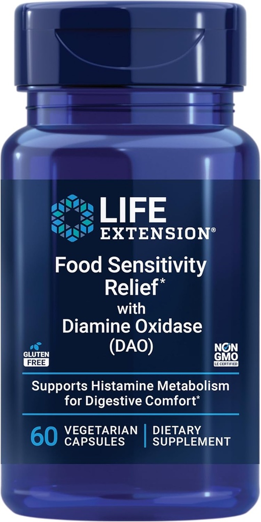 Soulagement de la sensibilité alimentaire à la diamine oxydase (DAO), gaz occasionnel, confort digestif, sensibilité à l'histamine, supplément enzymatique DAO, sans gluten, non OGM, végétarien, 60 capsules