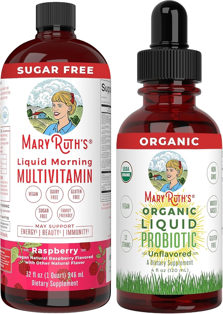 MaryRuth Organics Liquid Multivitamin Raspberry & Liquid Probiotic 4oz Bundle.