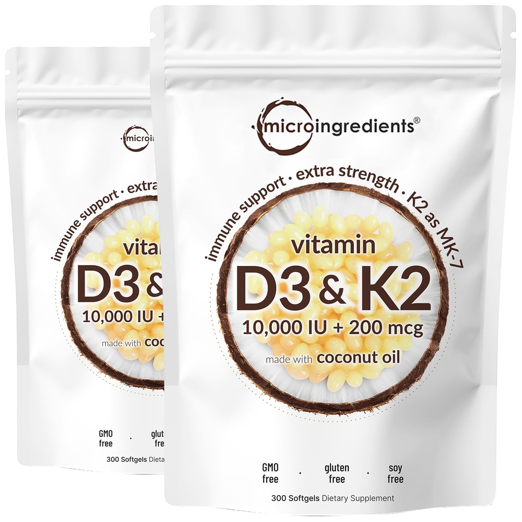 2 Pack Vitamine D3 10000 iu Plus K2 (MK-7) 200 mcg, 300 Huile de coco vierge Softgels.