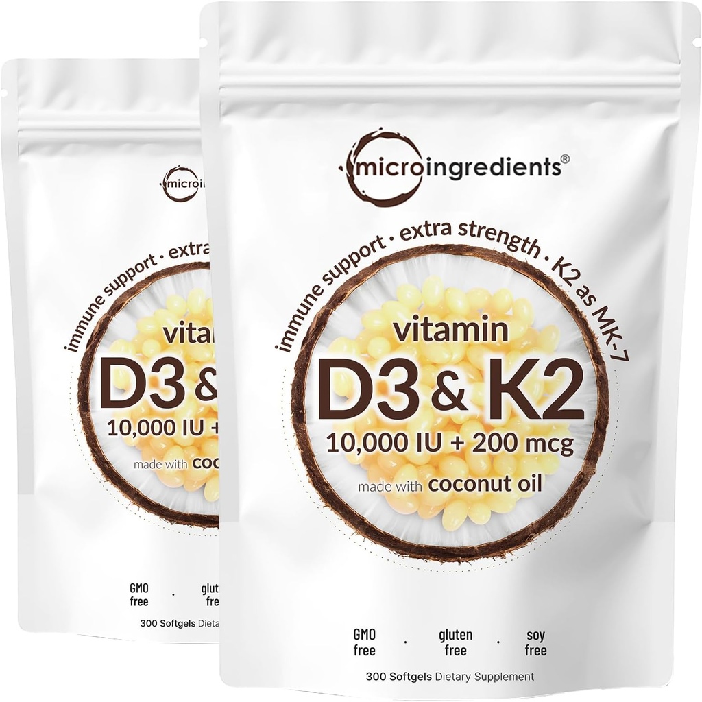 2 Pack Vitamine D3 10000 iu Plus K2 (MK-7) 200 mcg, 300 Huile de coco vierge Softgels.
