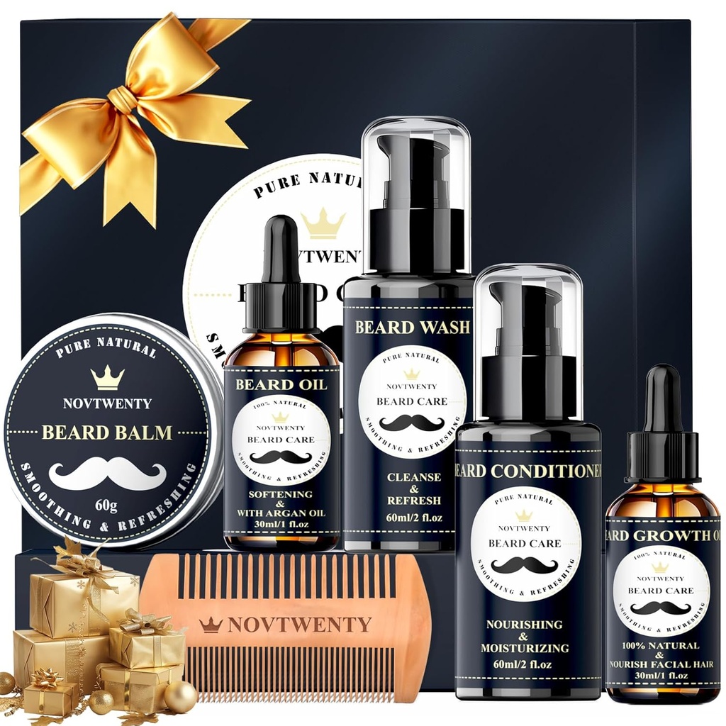 Kit de croissance de barbe - 7 Pc Kit, Comprend lave-linge, huile, conditionneur, baume, peigne, coffret cadeau pour les hommes