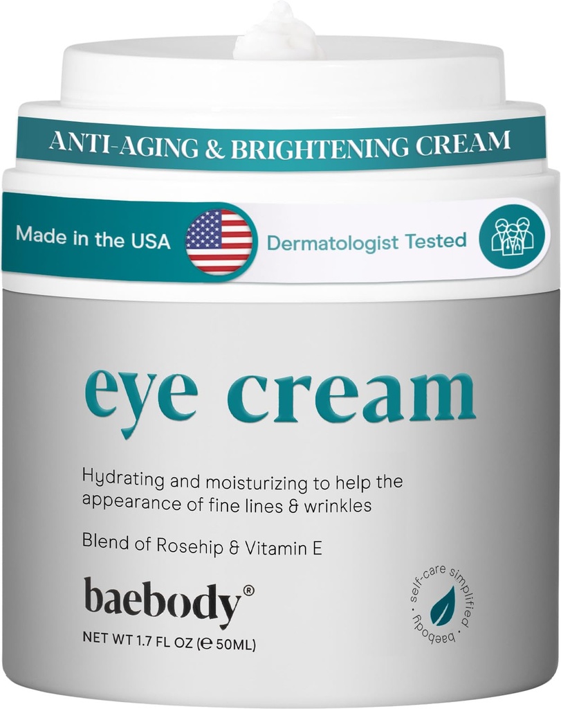 Baebody Made in USA Eye Cream - Anti Aging and Moisturizing Eye Cream for Dark Circles and Wrinkles - With Rosehip and Vitamin E (1.7 fl oz/50 ml)