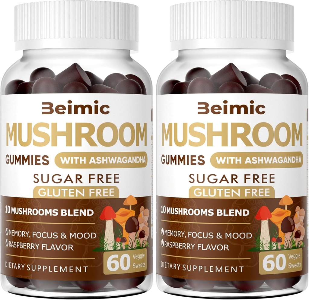 Gommies de champignons - 10x Supplément de champignons avec Ashwagandha et Lions Mane (120 Chews) Supplément Cerveau Nootropique, Immune Support & Stress Relief (Pack de 2)