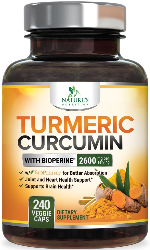 Curcumine curcumine supplément 2600mg - 95% Curcuminoides avec extrait de poivre noir curcuma et biopérine biologique pour la meilleure absorption, support naturel végétalien, non-OGM, mis en bouteille aux États-Unis - 240 Capsules