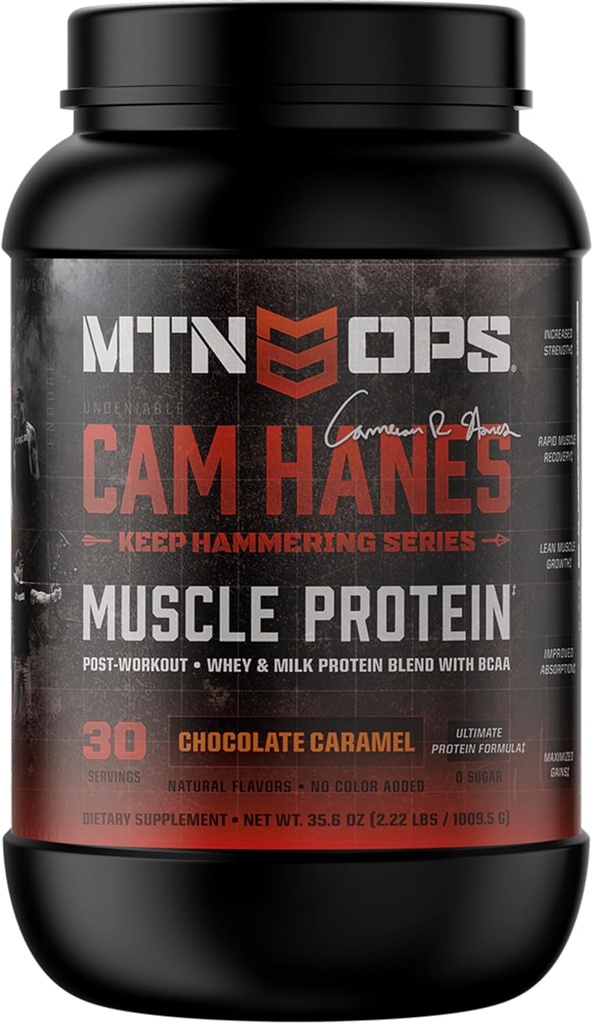 MTN OPS Cameron Hanes Keep Hammering Whey Protein Powder, Chocolate Caramel Flavor, 30 Servings