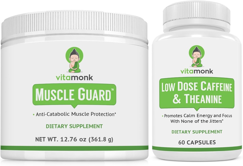 VitaMonk Muscle Guard & Low Dose Caffeine Bundle, HMB, EAA, Vitamine D, Magnésium pour la croissance musculaire et caféine avec L-Theanine, Smooth Energy Boost, Suppléments pour les hommes et les femmes, Muscle & Focus Support