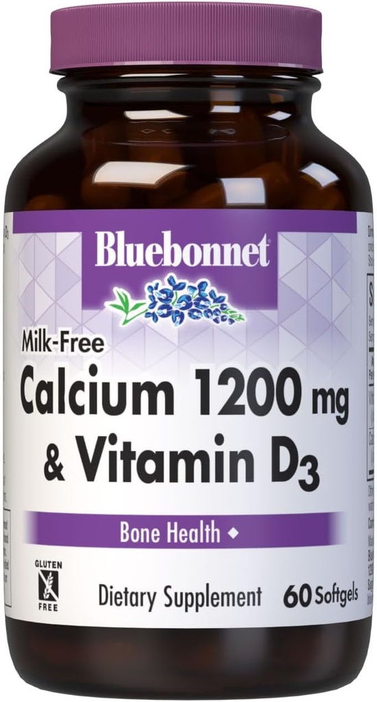 Bluebonnet Nutrition Calcium sans lait 1 200 mg plus vitamine D3 400 UI - haute puissance, absorption maximale d'os sains et supplément de soutien de santé immunitaire, sans gluten, sans lait, 60 softgels