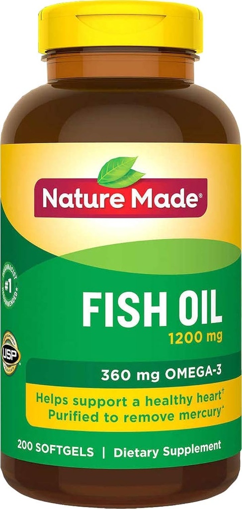 Huile de poisson de nature 1200 Mg (360 Mg Oméga-3) 200 Softgels liquides