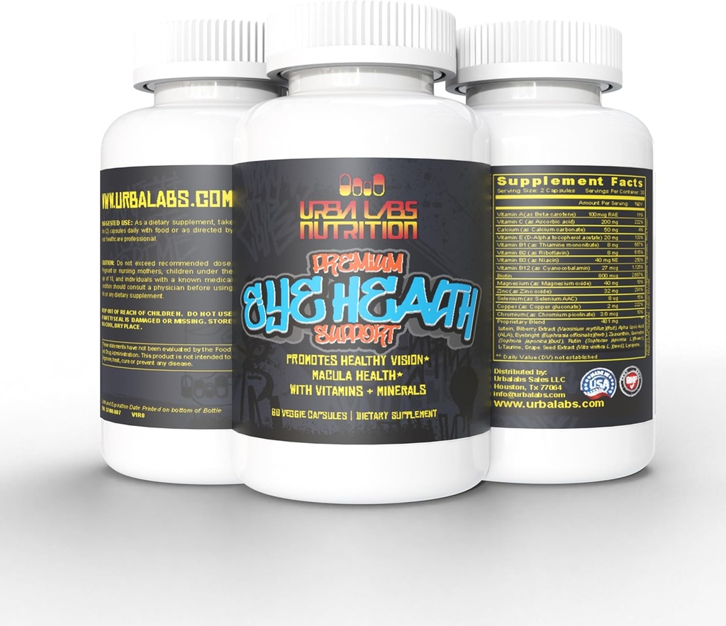 Urbalabs Premium Eye Health Support 20/20 Bilberry Supplément pour les yeux Extrait Zinc Lutéine et Zeaxanthin Vitamines oculaires Healthy Vision Supporte Macular Health Sight Care