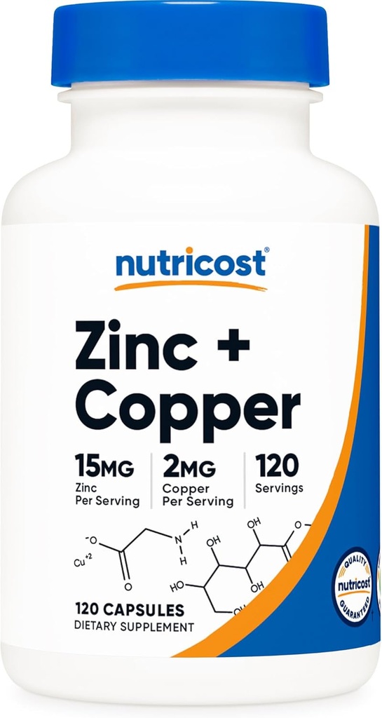Nutricost Zinc + Capsules de cuivre (120 portions)(15MG Zinc + 2MG Cuivre par portion) - Non OGM, végétarien