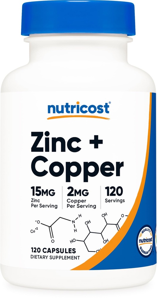 Nutricost Zinc + Capsules de cuivre (120 portions)(15MG Zinc + 2MG Cuivre par portion) - Non OGM, végétarien
