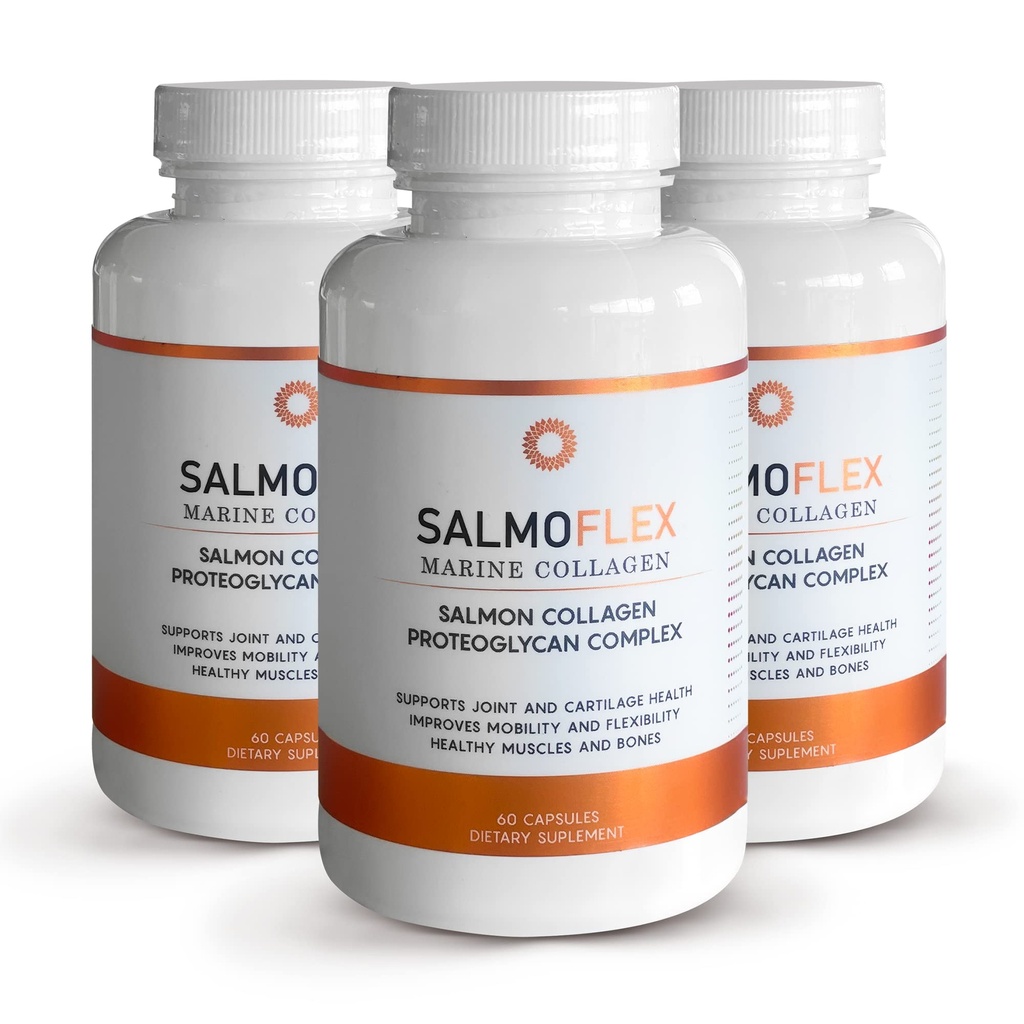 VITASEI Salmoflex Peptides de collagène marin avec acide hyaluronique et vitamine C, D, E - Supplément de collagène de saumon pour os et articulations - Vitamines des cheveux, de la peau et des ongles - 60 capsules (paquet de 3)