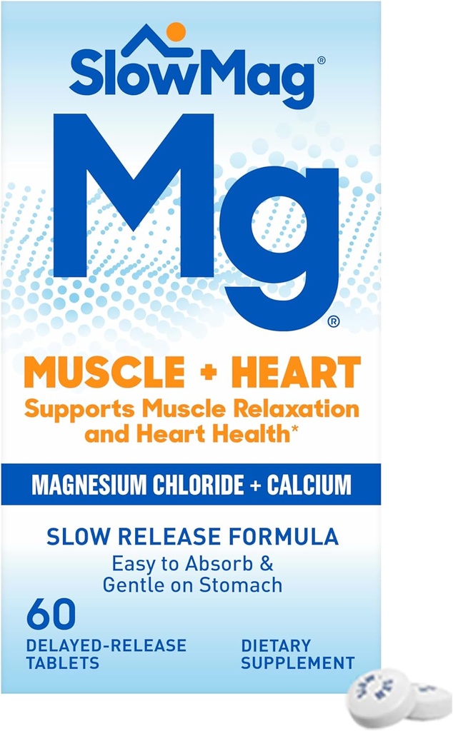 SlowMag Muscle + Chlorure de magnésium cardiaque avec supplément de calcium pour soutenir la relaxation musculaire, Crampe musculaire occasionnelle et santé cardiaque, haute absorption, 60 Compte
