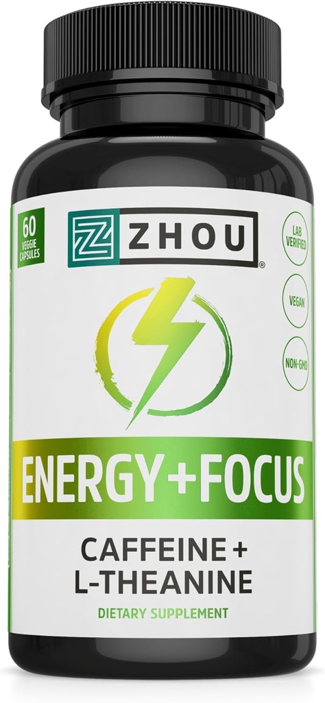 Zhou Energy + Focus - L Theanine Caffeine Pills, 200mg L-Theanine, 100mg Boost naturel de caféine anhydre pour adultes, hommes et femmes, libération prolongée lente - 60 capsules végétariennes (paquet de 1)