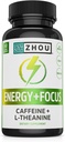 Zhou Energy + Focus - L Theanine Caffeine Pills, 200mg L-Theanine, 100mg Boost naturel de caféine anhydre pour adultes, hommes et femmes, libération prolongée lente - 60 capsules végétariennes (paquet de 1)