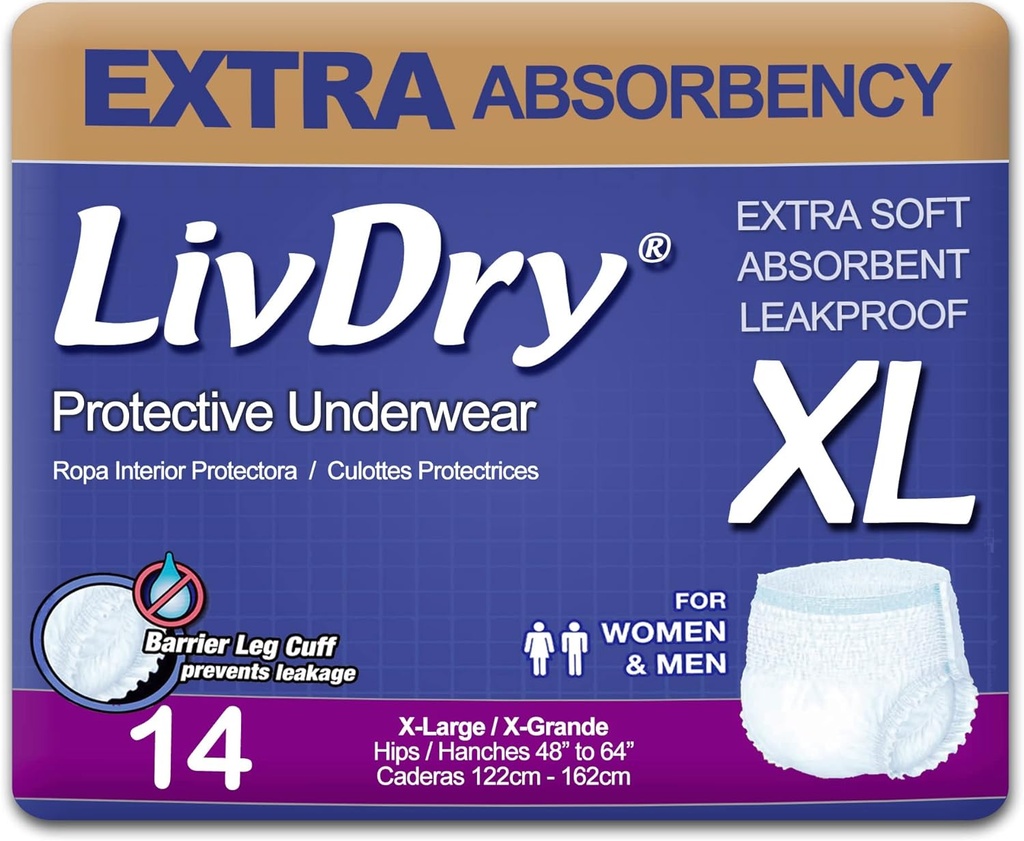 Sous-vêtements pour adultes LivDry XL Incontinence, couches pour adultes, protection contre les fuites, X-Large, 14-Pack
