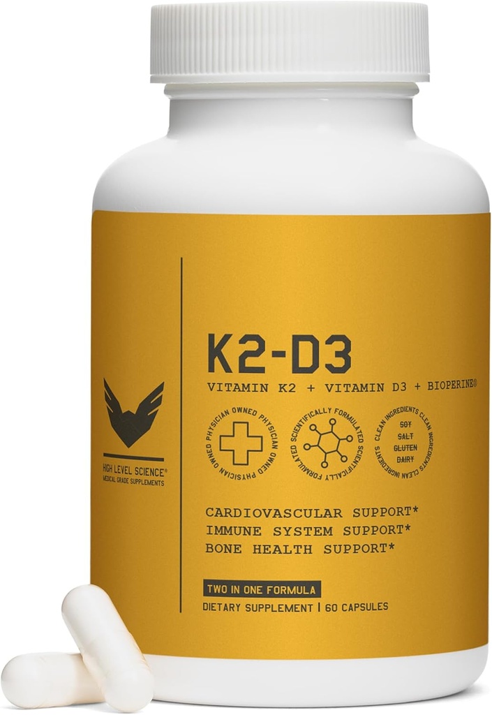 High Level K2D3, supplément de vitamine K2 & D3 avec Pepper Noir BioPerine, Complexe à double action pour le cœur, os, support immunitaire, 5000 UI D3, 100 mcg K2, Végétarien, 60 Capsules Veggie