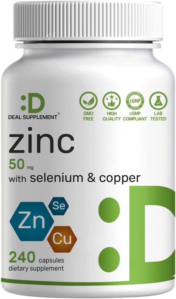 Deal Supplement Zinc 50mg with Selenium + Copper, 240 Capsules, 8 Month Supply, 3 in 1 Mineral Formula, Zinc Picolinate Complex Supplement, Supports Healthy Immune System for Adults and Kids