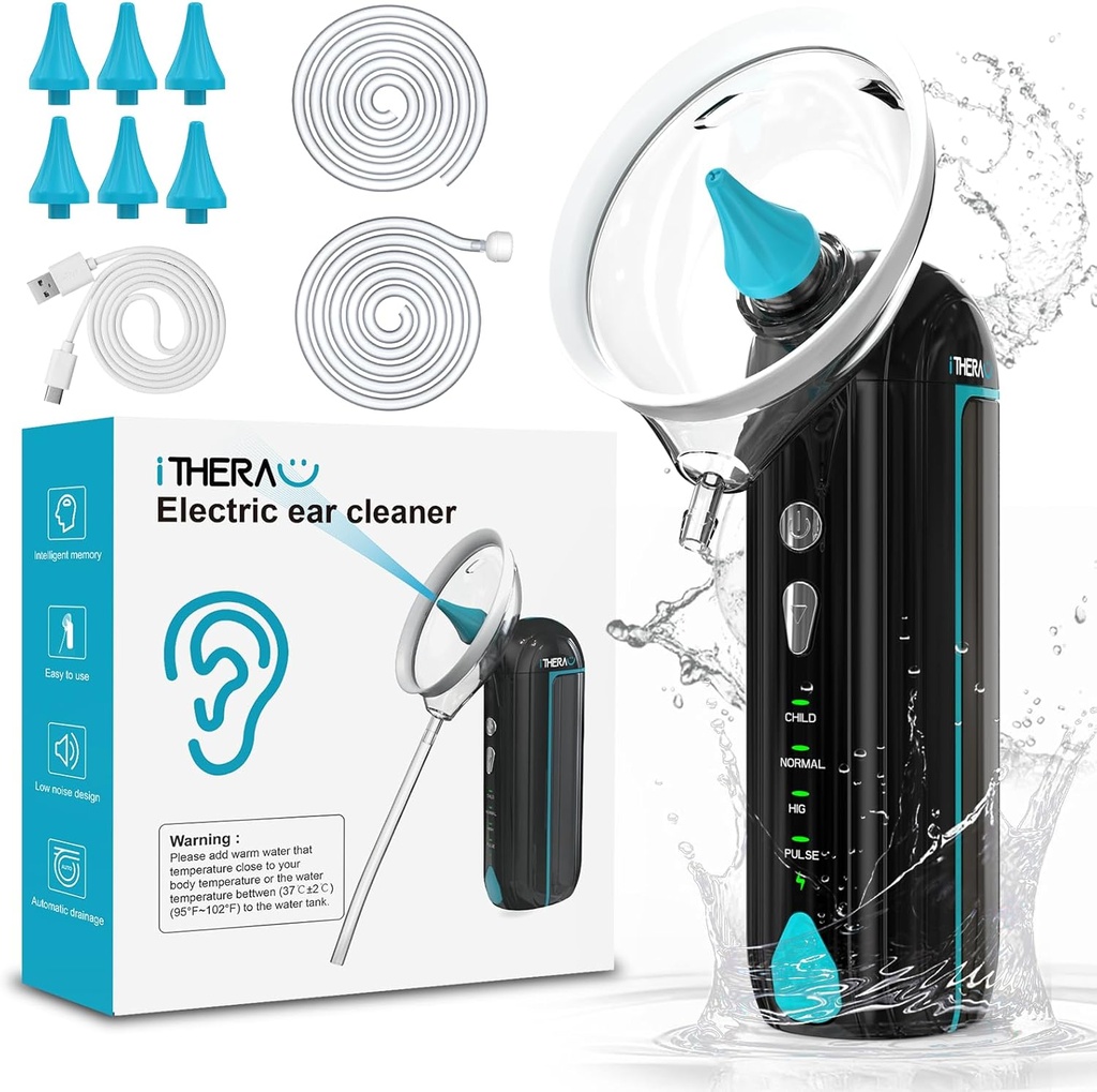 Kit de nettoyage électrique de l'oreille de nettoyage de l'oreille alimenté par l'eau de lavage iTHERAU avec 4 modes de pression Kit d'irrigation d'oreille sécuritaire et efficace avec 6 vaporisateurs