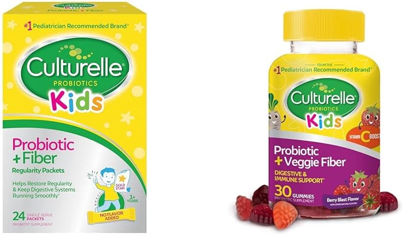 Culturelle Kids Probiotic + Fibre Packets (Âges 3+) - 24 Compte - Digestion de la santé et du soutien immunitaire et probiotique quotidien pour les enfants + Gommes de fibre veggie (Âges 3+) - 30 Compte