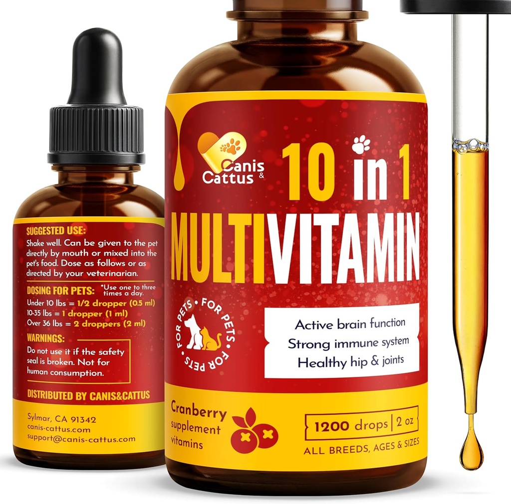 Multivitamine de Canis&Cattus 10-en-1 pour chiens et chats – Glucosamine quotidienne, vitamine B, C et D3 - Supplément liquide avec canneberge et MSM – 2 oz