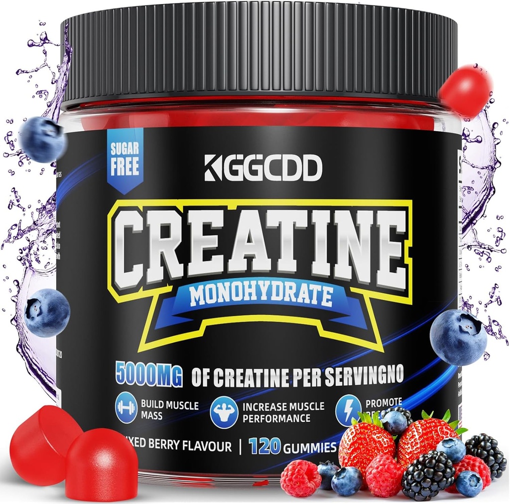Monohydrate de créatine Gommies Sans sucre, 5g de monohydrate de créatine par service pour la force maximale musculaire, énergie Focus Endurance, suppléments de créatine pour les femmes hommes 120Conte Berry mixte