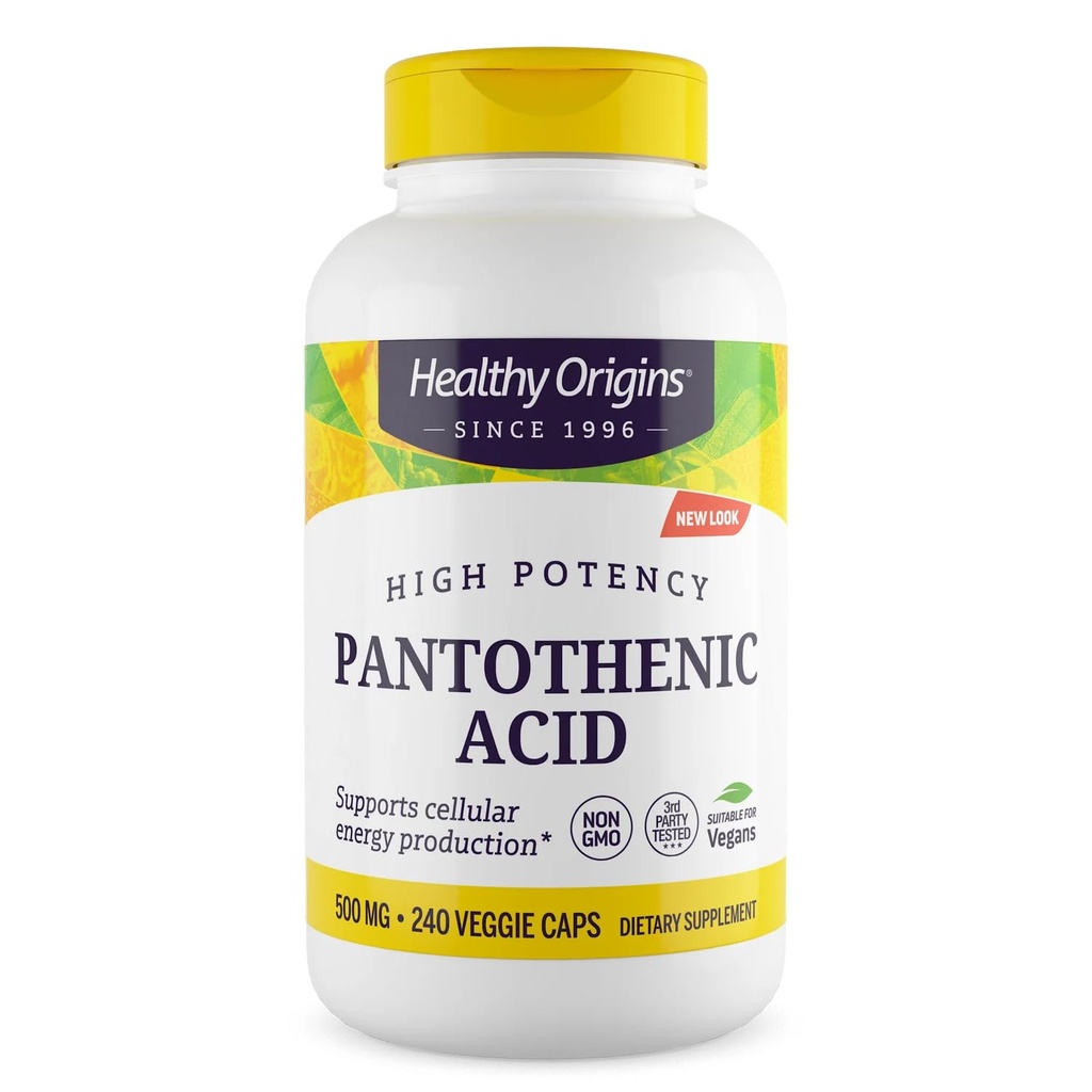 Origines saines Premium Vitamine B5 Acide pantothénique 500 mg Capsules végétaliennes, haute résistance, stimulation énergétique et métabolisme, fatigue et fatigue, supplément d'acné pour soins de la peau, blanc, 240 Compte
