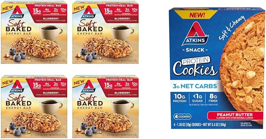 Atkins Soft Baked Energy Bars, Blueberry, 15g Protéines, 2g Sucre, Excellente source et beurre d'arachide Cookie de protéines, Dessert de protéines, Riche en fibre, 3g Net Carb, 1g Sucre