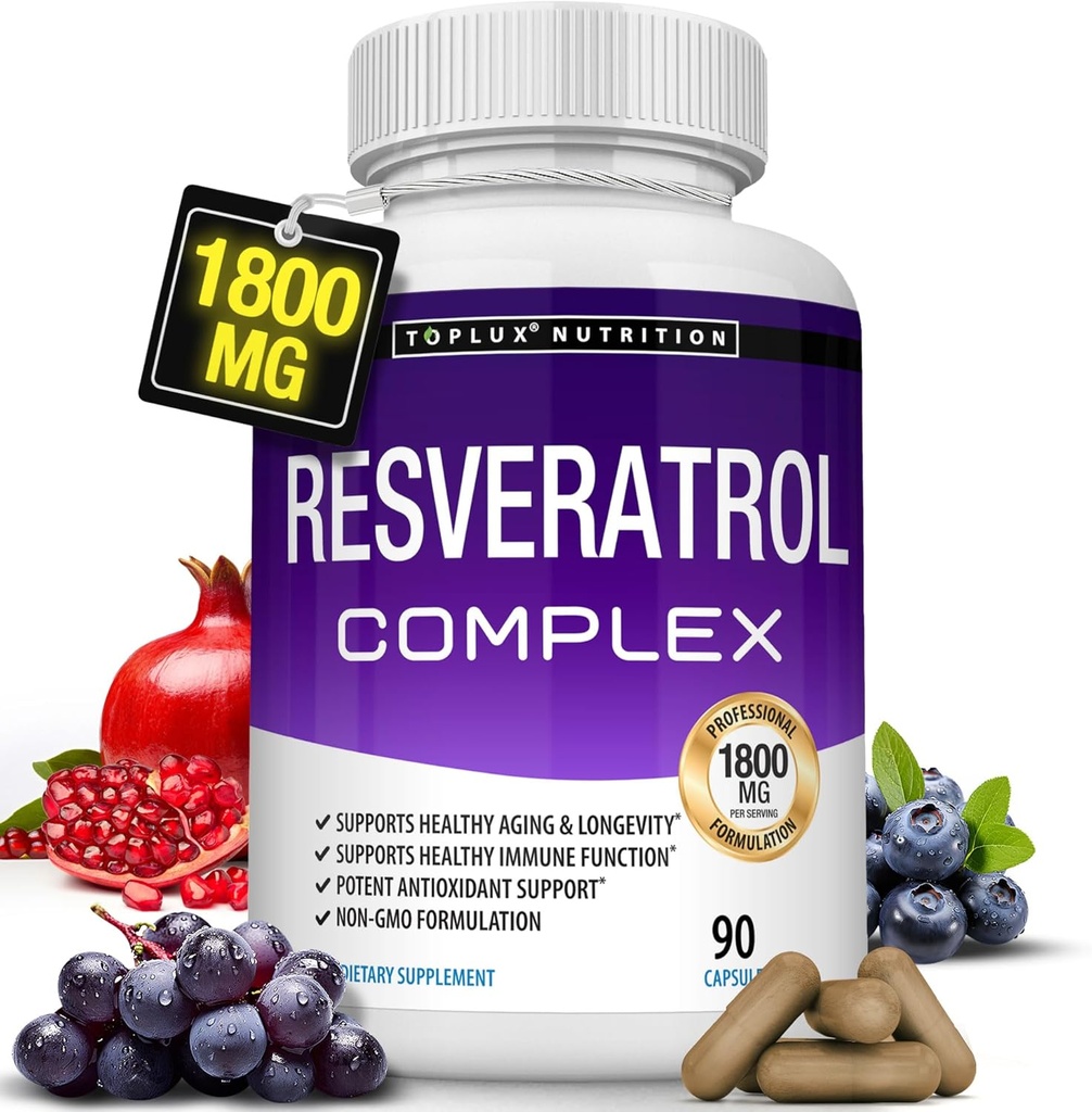 Supplément de resvératrol 1800 mg Complexe antioxydant - Pilules transrésvératrol naturelles hautement toxiques pour le vieillissement en santé, soutien de santé global, système immunitaire, fonction cérébrale, pour hommes femmes, 90 capsules