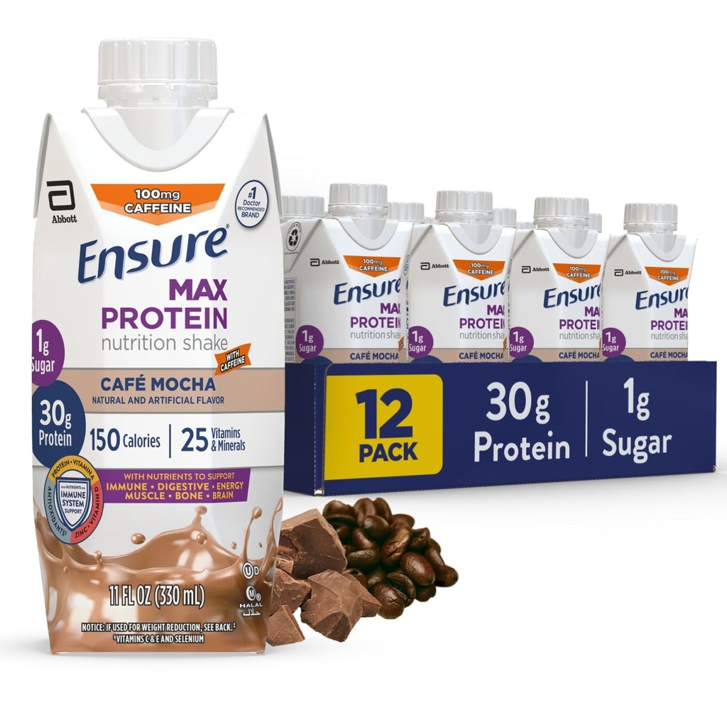 Ensure Max Protein Cafe Mocha Nutrition Shake | 30g Protein, 1g Sugar, 4g Fiber Blend | 12 Pack