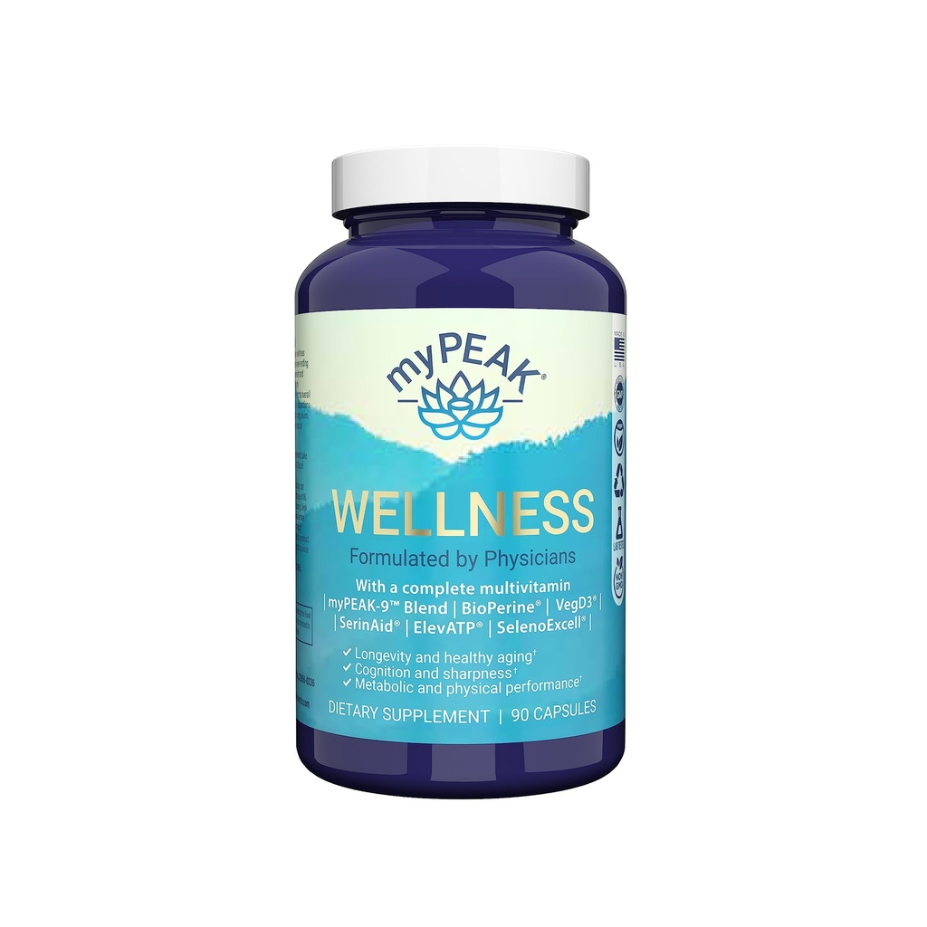 MyPEAK Wellness Award - Multivitamine Vegan gagnant avec ElevATP Extrait de tourbe antique, Astaxanthine naturelle, Fer, Resvératrol et Alpha GPC, Immunity Booster, All-in-One pour les hommes et les femmes, 90 Comte