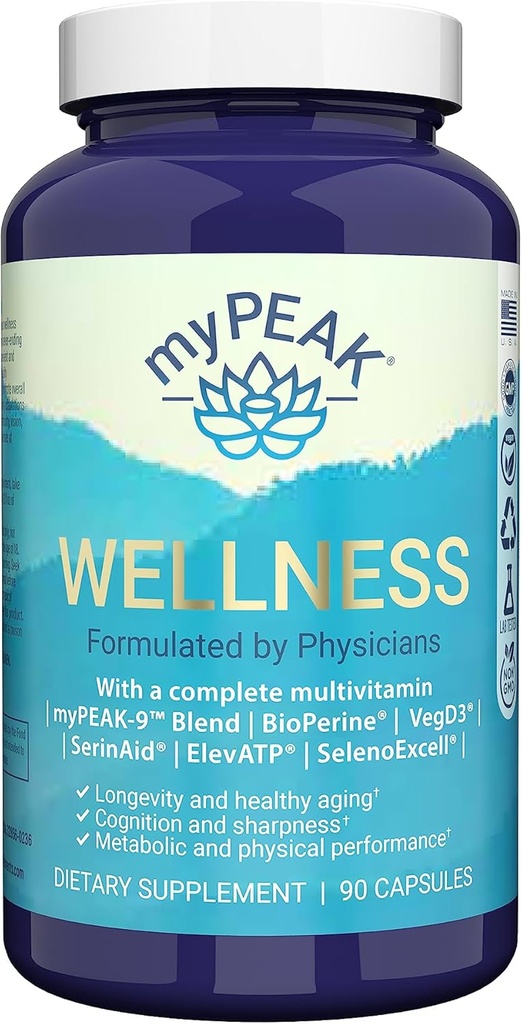 MyPEAK Wellness Award - Multivitamine Vegan gagnant avec ElevATP Extrait de tourbe antique, Astaxanthine naturelle, Fer, Resvératrol et Alpha GPC, Immunity Booster, All-in-One pour les hommes et les femmes, 90 Comte