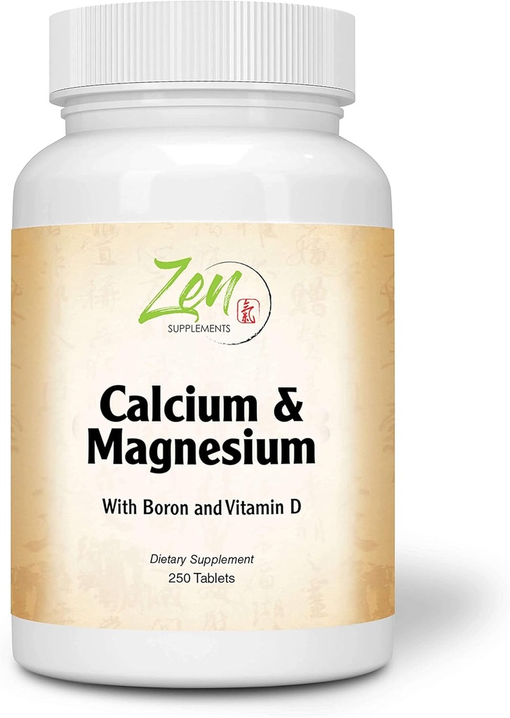 Suppléments Zen - Hi Potency Calcium & Magnésium avec D3 & Boron pour l'absorption améliorée, soutient la santé osseuse et la densité osseuse 250-Tabs