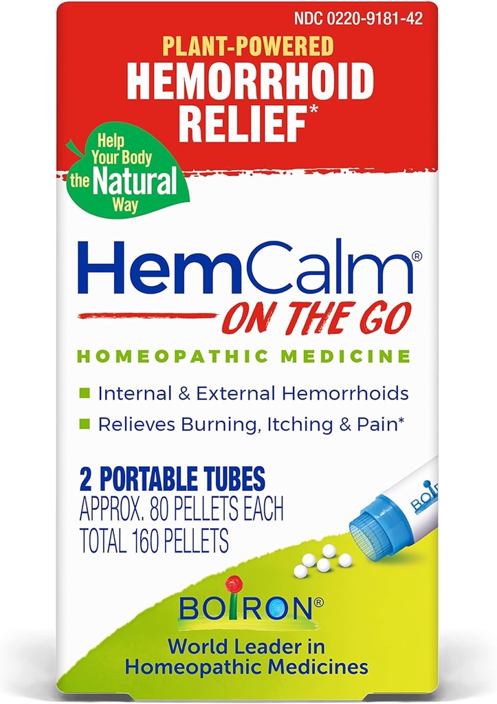 Boiron HemCalm On The Go Travel Essential for Hemorrhoid Relief of Pain, Itching, Swelling or Discomfort - 2 Count (160 Pellets)