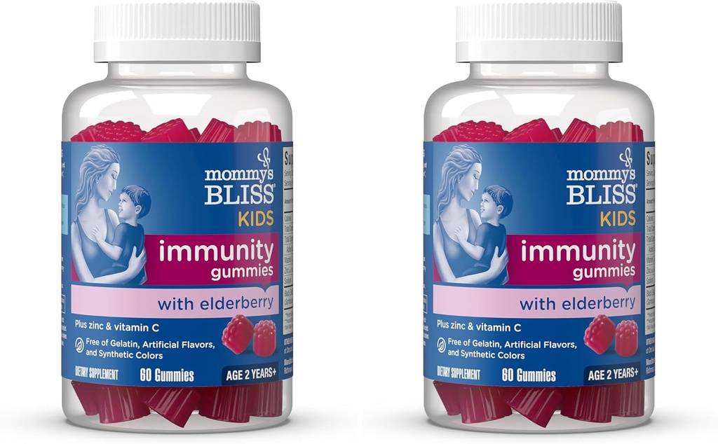 Mommy's Bliss Kids Elderberry Gummies, soutient Immunity with Black Elderberry, Zinc & Vitamine C, sans gluten et végétalien, 2 ans et plus (60 comtes) (paquet de 2)