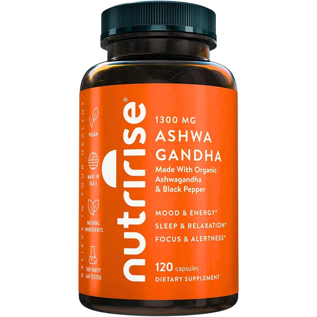 NutriRise Capsules de racine biologique Ashwagandha avec poivre noir, 1300mg, Stress naturel et l'humeur, Thyroïde, et supplément de soutien immunitaire, Clarity, Focus & Energy, sans gluten, 120 Compte