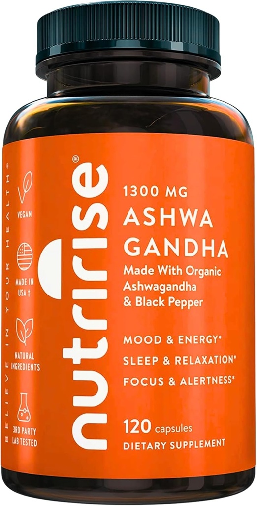 NutriRise Capsules de racine biologique Ashwagandha avec poivre noir, 1300mg, Stress naturel et l'humeur, Thyroïde, et supplément de soutien immunitaire, Clarté, Focus et énergie, sans gluten, 120 Compte