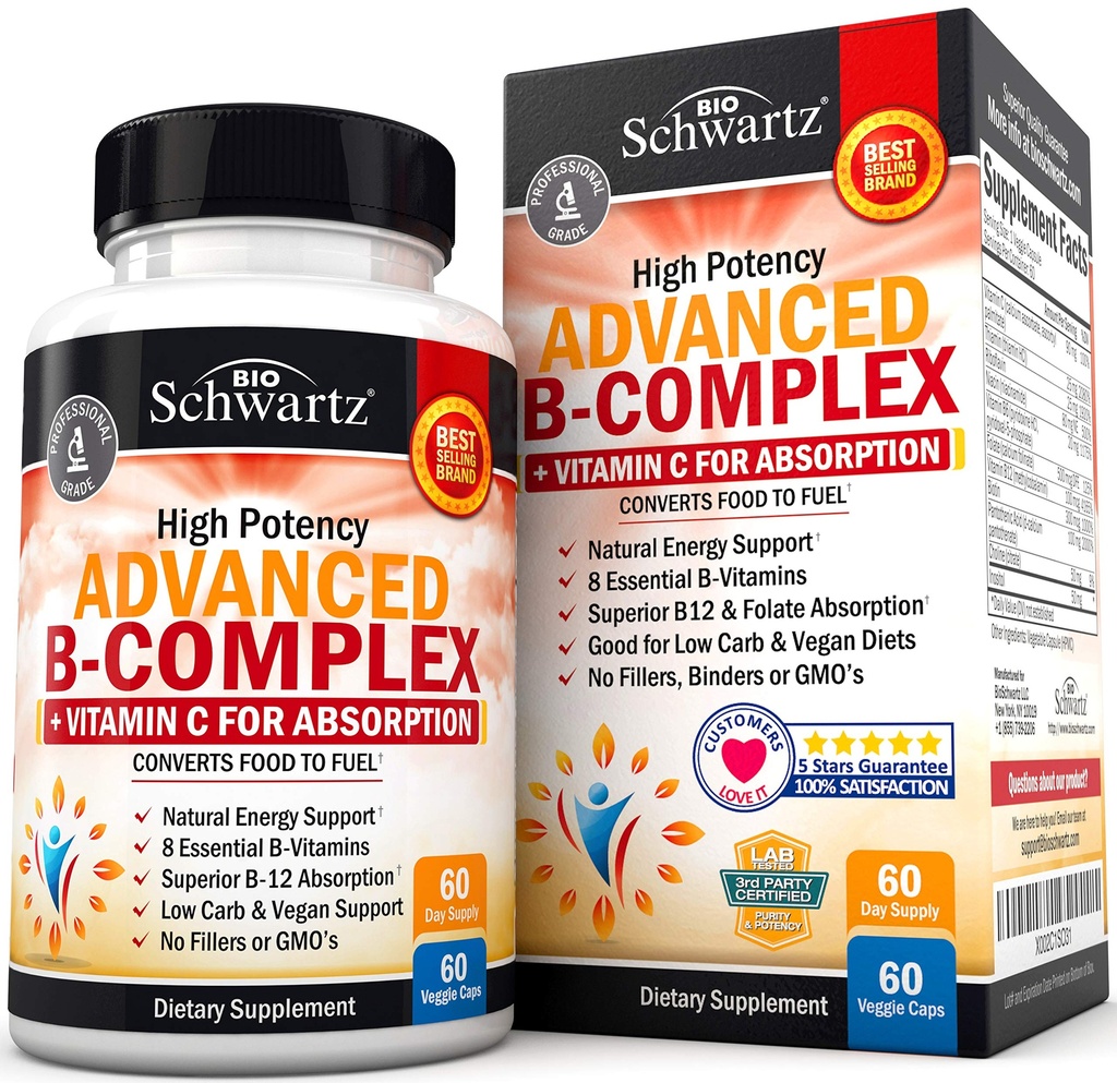 Complexe vitamine B avec vitamine C pour absorption maximale - méthylcobalamine b12 et supplément folique folate - B1 B2 B3 B5 B6 B7 B9 pour l'énergie immunitaire et le système nerveux - non-OGM, 60 nombre
