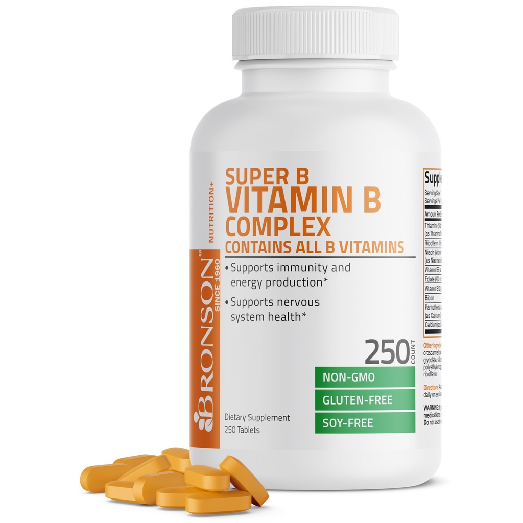 Complexe de vitamine B de Bronson (vitamine B1, B2, B3, B6, B9 - acide folique, B12), 250 comprimés